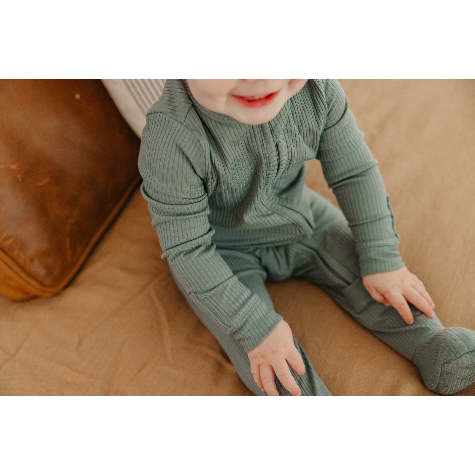 Copper Pearl Zip-Up Footie in Moss