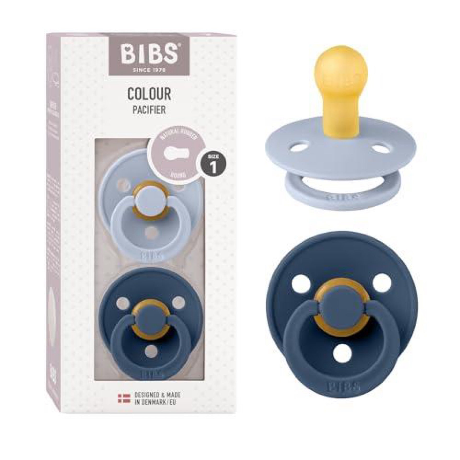 Bibs Pacifiers 0-6 Months | 2-Pack Soothers-Free Round Nipple | Made in Denmark | Dusty Blue/Steel Blue Colour Pacifier