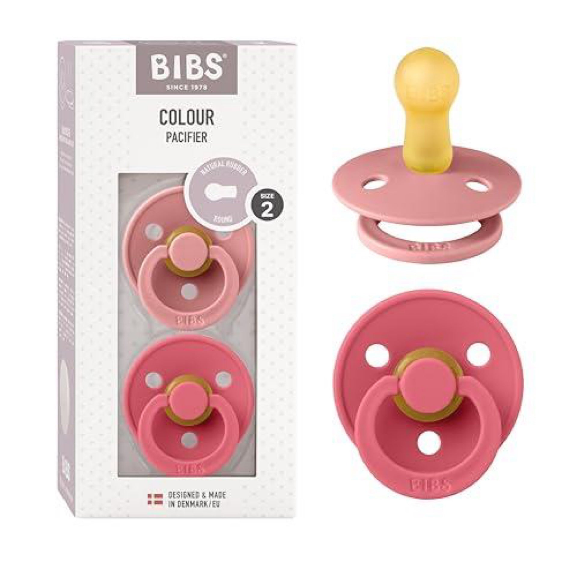 Bibs Pacifiers Colour Collection | Natural Rubber Baby Pacifier | Set of 2 BPA-Free Soothers | Made in Denmark | 6+ Months (Pack of 2) | Dusty Pink/Cora